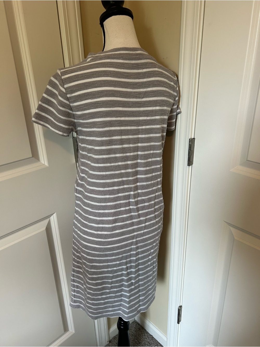 LOFT Gray and White Striped Short-Sleeve Midi Dress with Shoulder Buttons - Picture 3 of 4